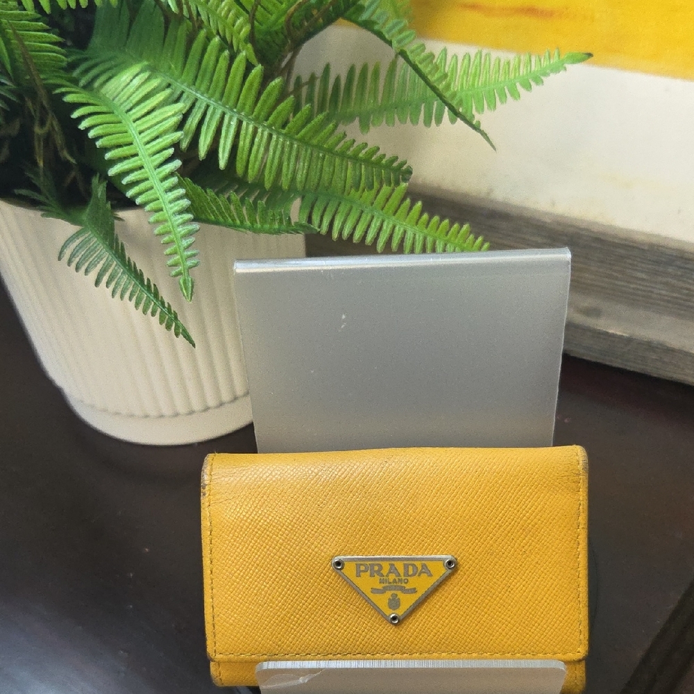Prada Yellow Saffiano Leather Triangular Logo Key & Card Holder